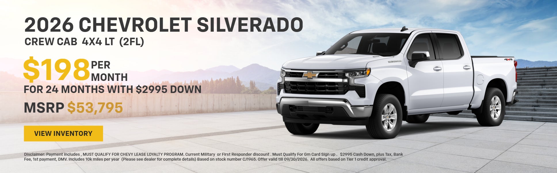 White 2026 Chevrolet Silverado Crew Cab 4x4 LT truck. $198/m