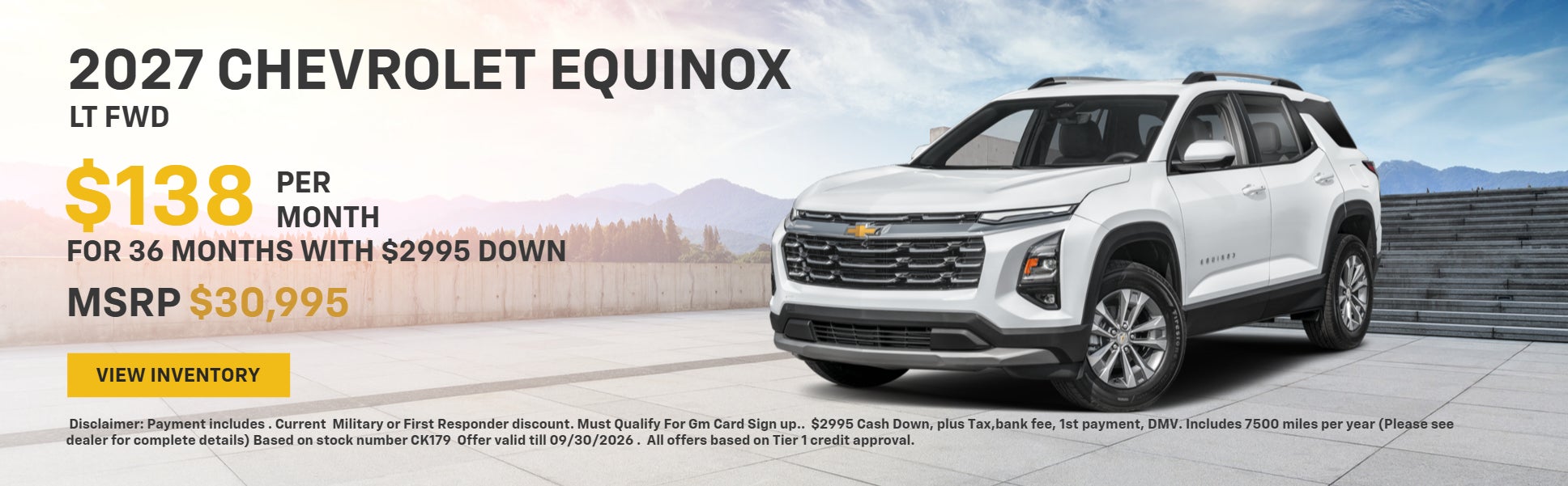 White 2027 Chevrolet Equinox SUV with text advertising $138/