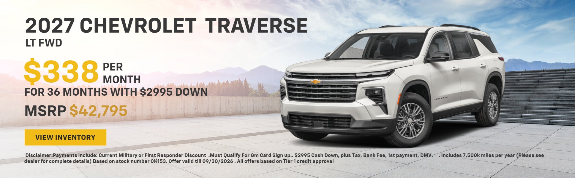 White 2027 Chevrolet Traverse LT FWD, $338/month for 36 mont