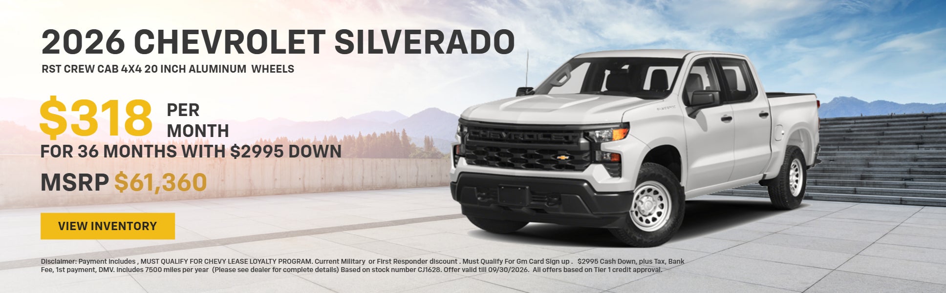 2026 white Chevrolet Silverado pickup truck with a lease off